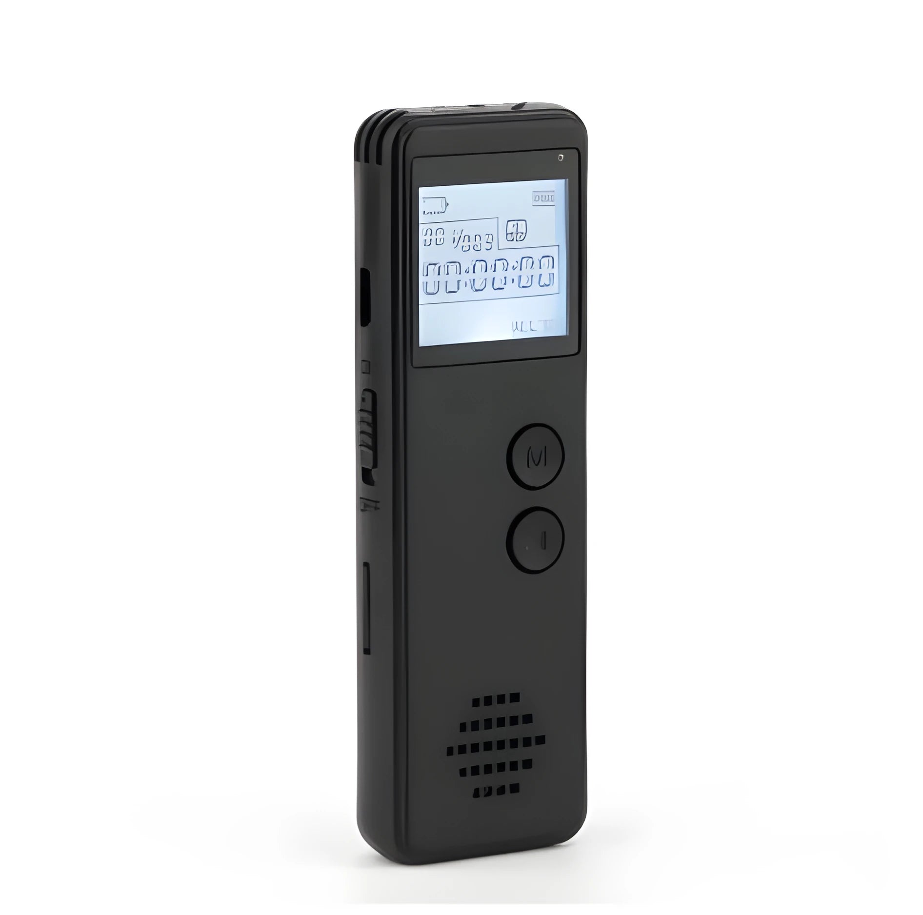 Black matte-finish MP3 digital voice recorder on a table showing its screen, recording button, and compact size.