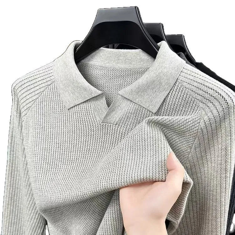Men's spring autumn cotton scissors collar pullover shirt in black, loose fit, casual style
