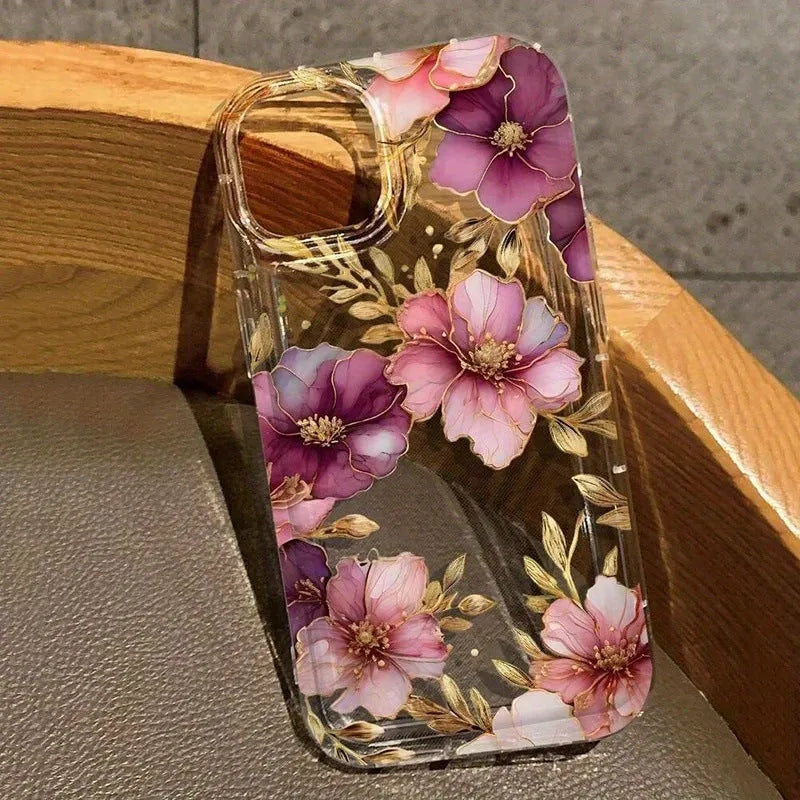 Pink purple flowers TPU air spring phone case for iPhone 12 Pro Max, transparent frosted finish