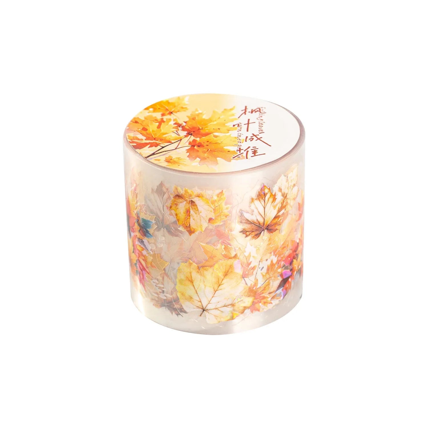 Roll of 40mm wide decorative PET stickers showing six leaf and nature designs including ginkgo and maple motifs.