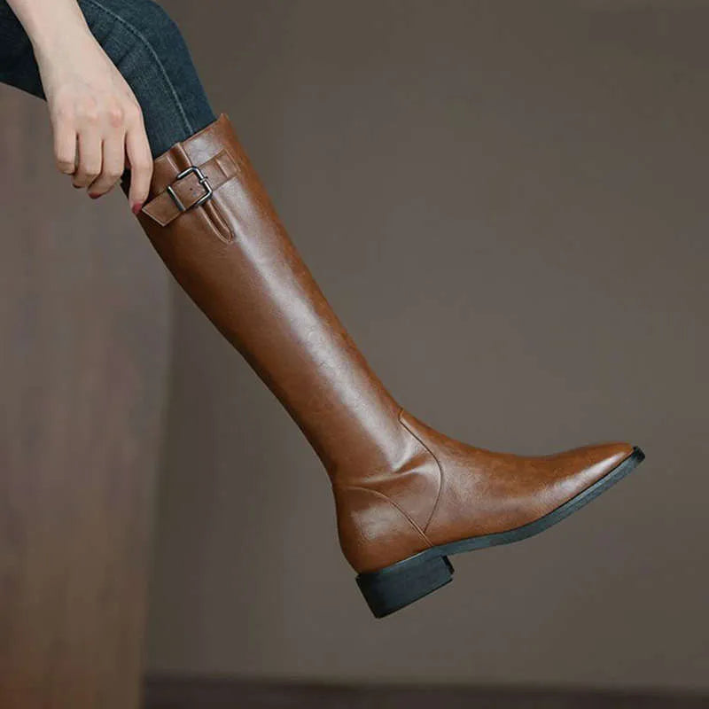 Women's knee-high boots with low chunky heel, microfiber upper, black or brown, sizes 35-40
