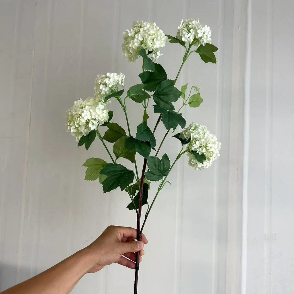 Artificial silk hydrangea flower decoration prop with long branches in white and green for wedding and home use
