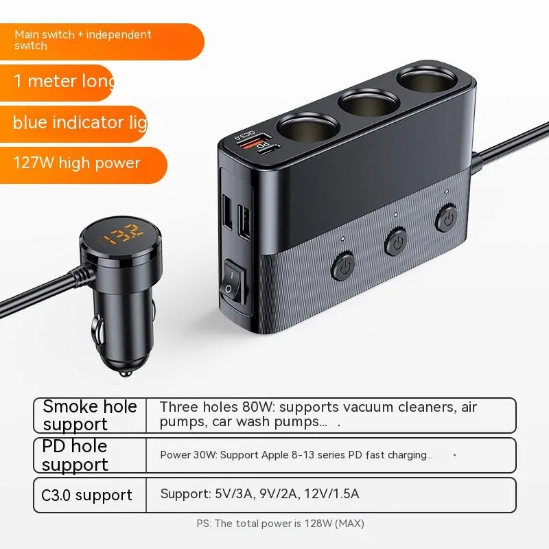 Black car USB charging adapter with multiple ports showing cigarette lighter plug and 1 metre cable