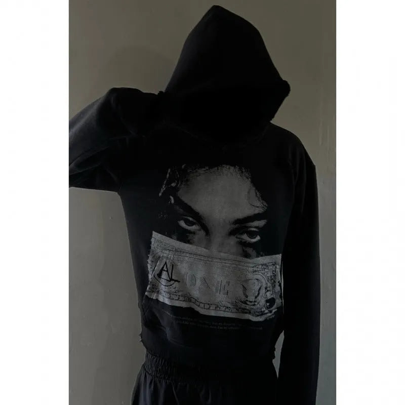 Black women's hooded sweater with cartoon pattern printing in loose fit