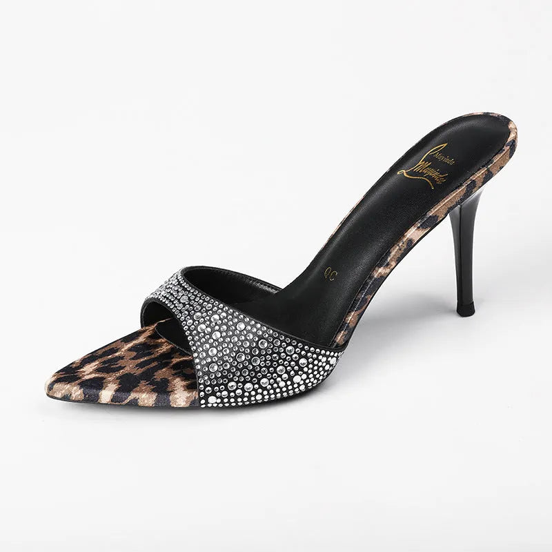 Pointed stiletto heel women's outdoor rhinestone sandals in black with microfiber upper