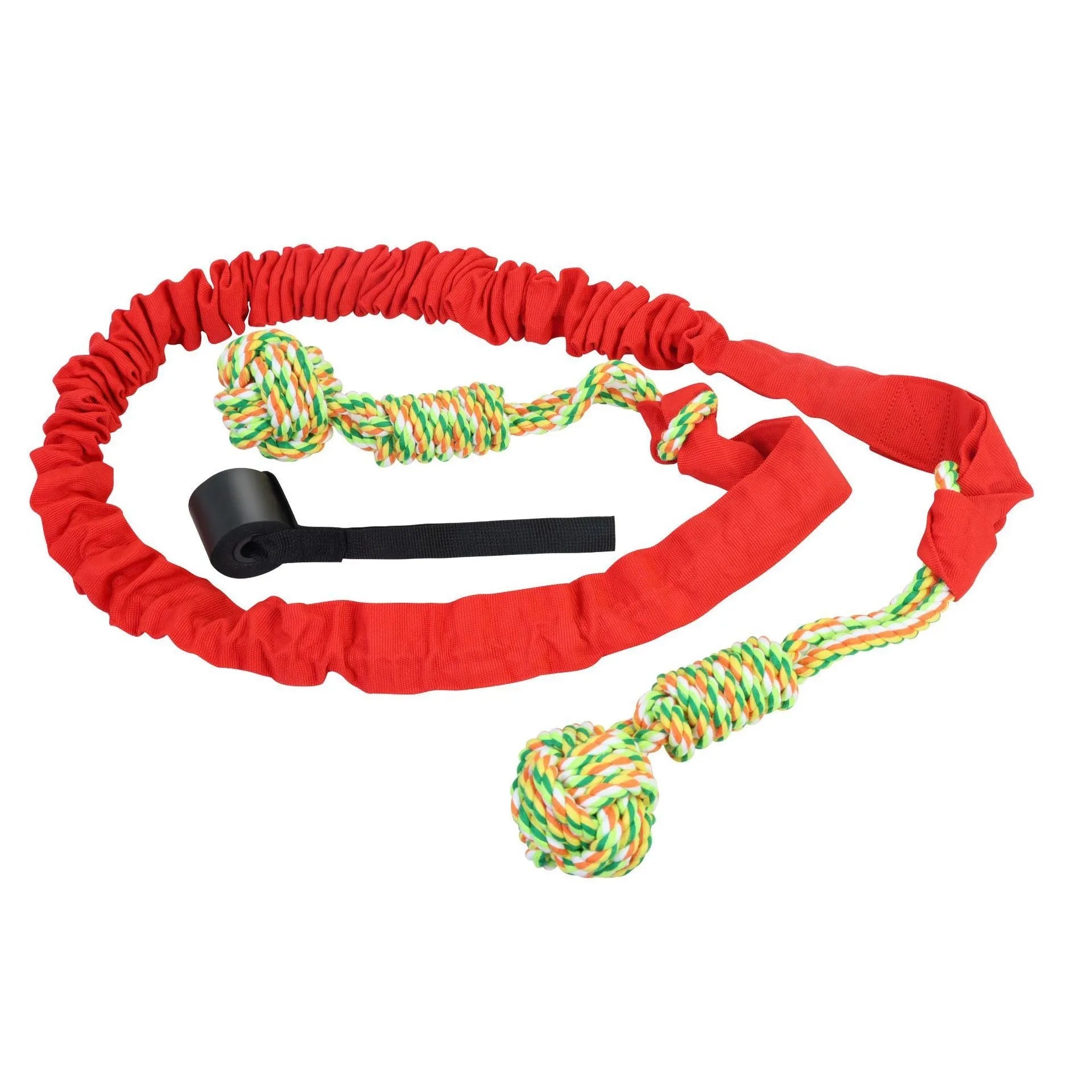 Black woven cotton dog tug rope toy for tug of war and chewing.