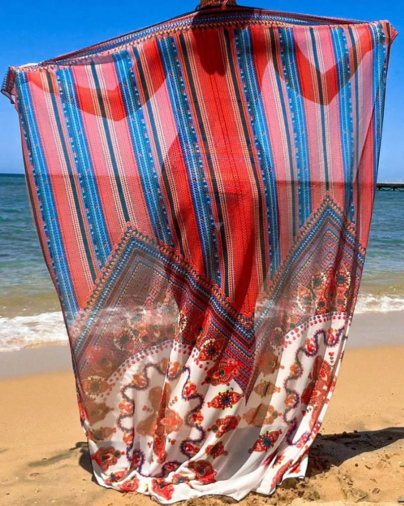 Women's three-piece split swimsuit set in picture colour, showing sleeveless cutout top, high-waist briefs, and coat.