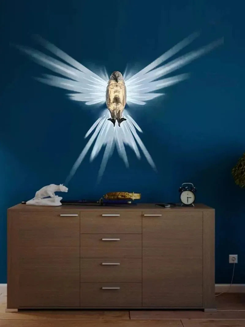 3D print resin wall lamp shaped like an owl projecting light and shadow onto a wall
