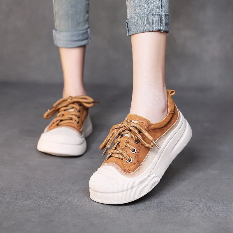Women's yellow leather lace-up casual shoes with round toe and rubber soles