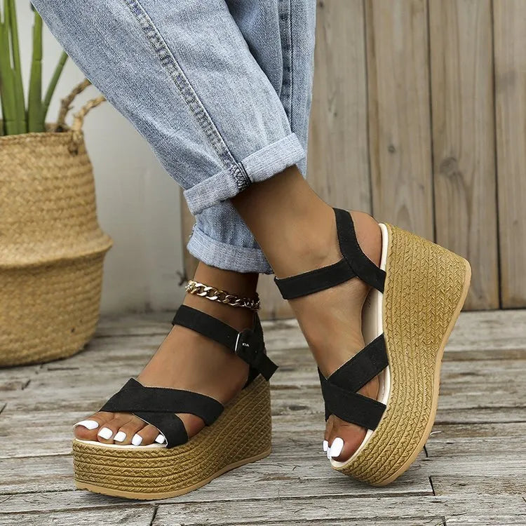 Women's wedge sandals with hemp heels, non-slip cross-strap, and hollow-out lamb pulp upper in army green