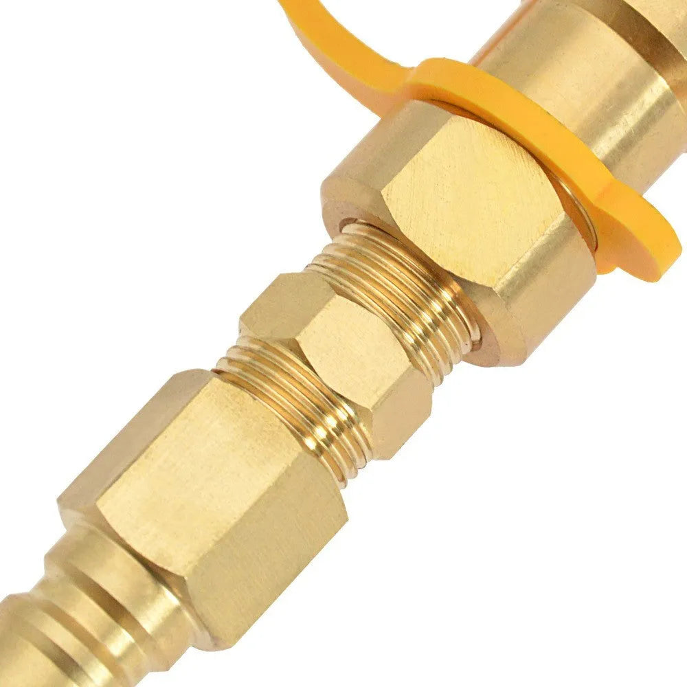 Gold-coloured brass 3/8 inch gas propane charging connector with American standard threads