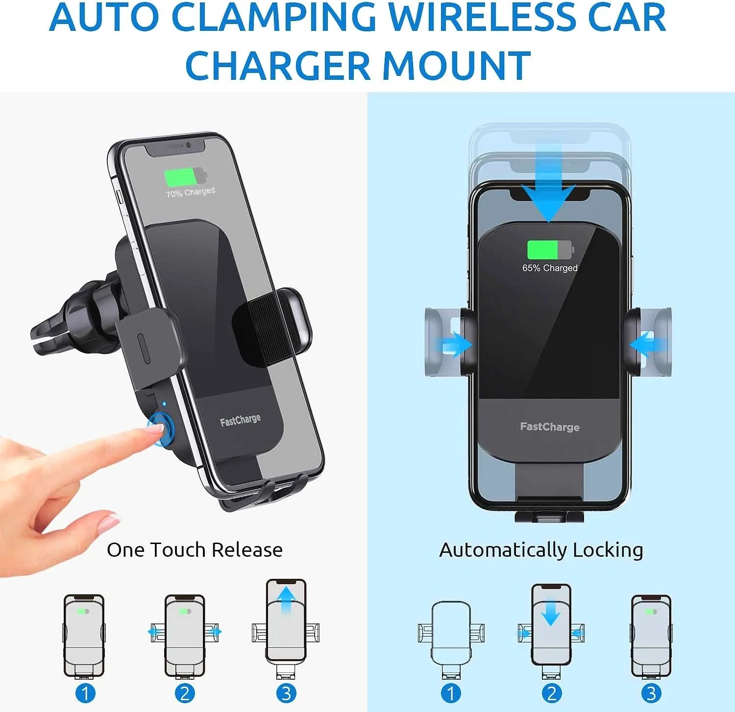 Black 15W wireless charging stand for cars with dashboard, air vent, and bare metal mounting options