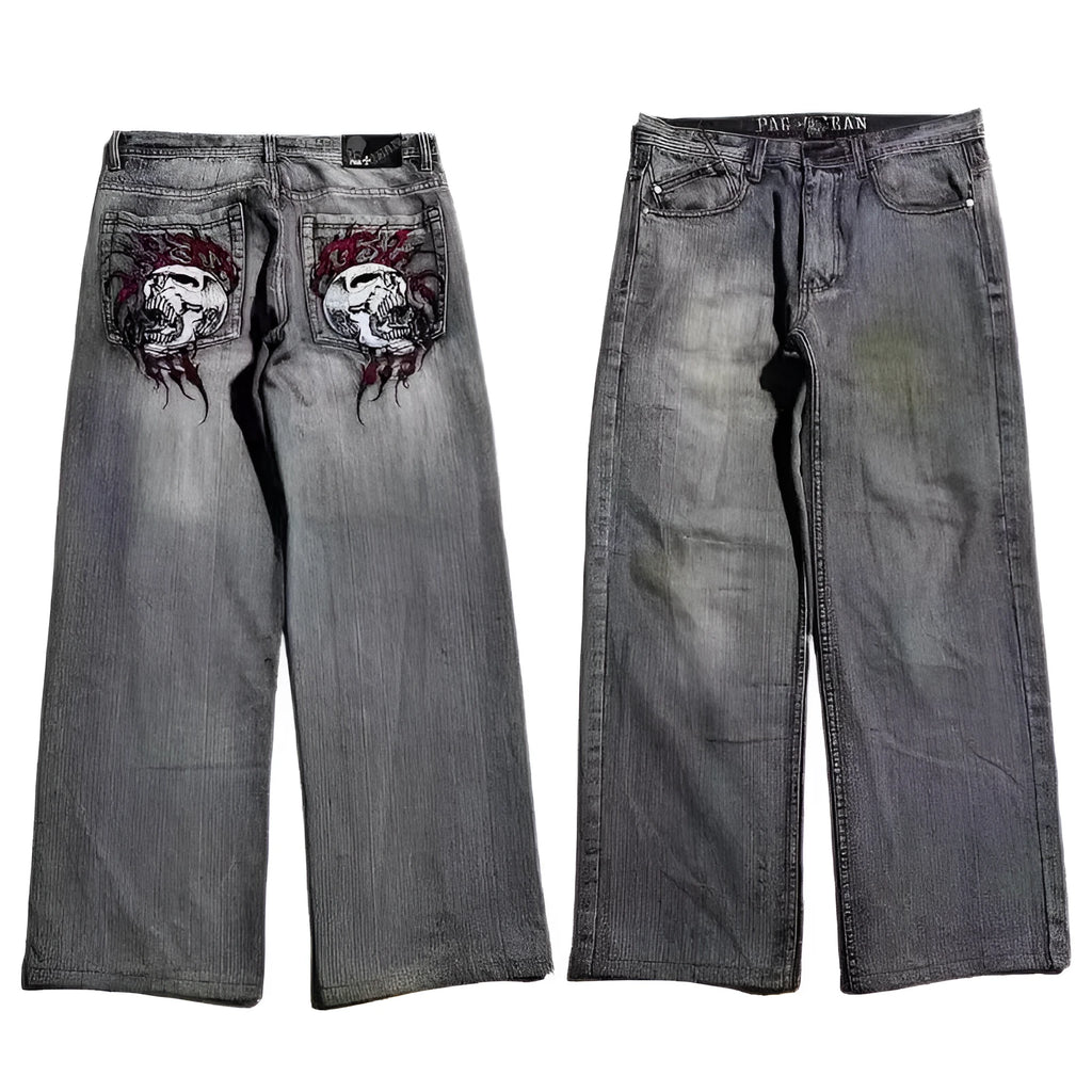 Grey washed wide-leg jeans with straight-leg workwear styling and mid-waist zip fly