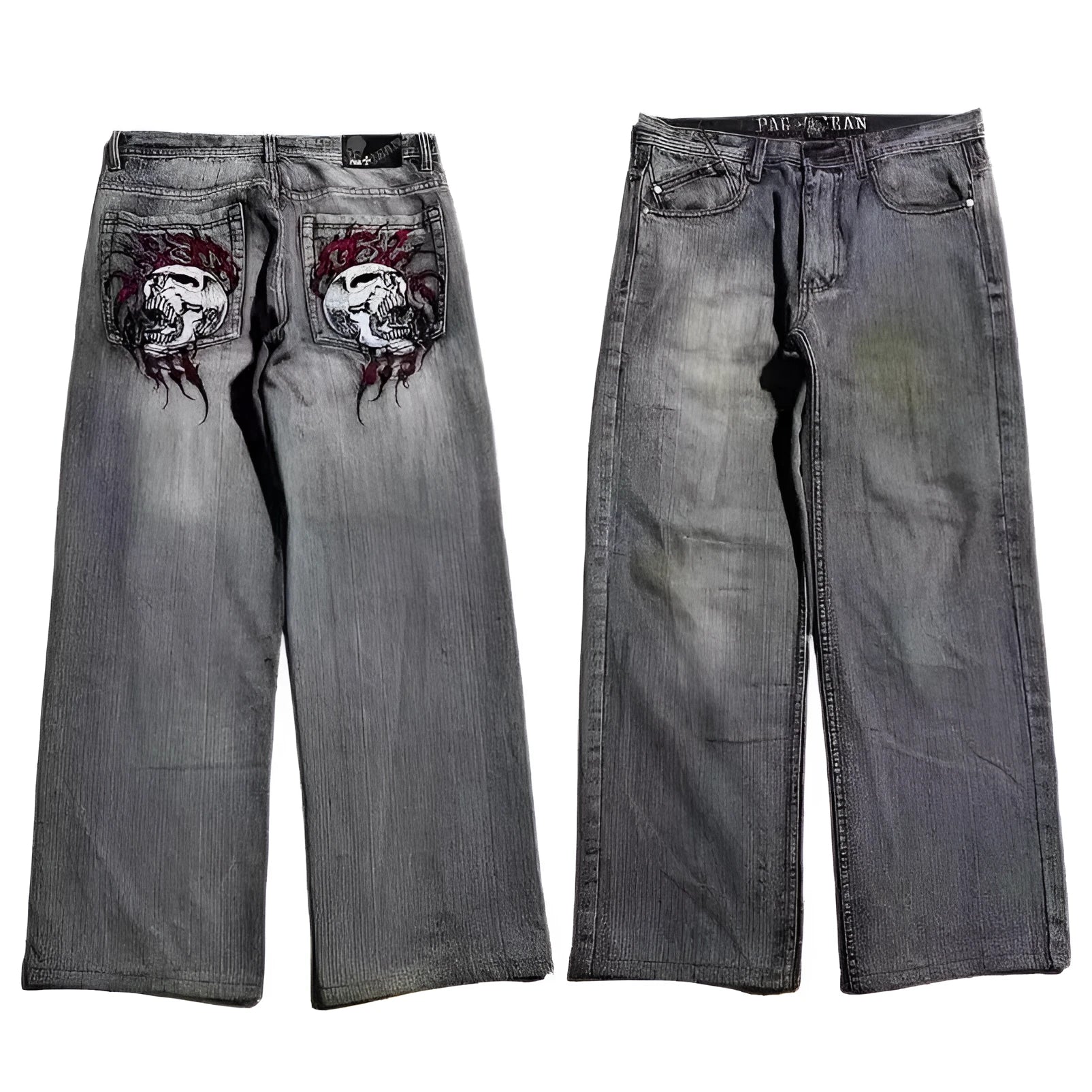 Grey washed wide-leg jeans with straight-leg workwear styling and mid-waist zip fly