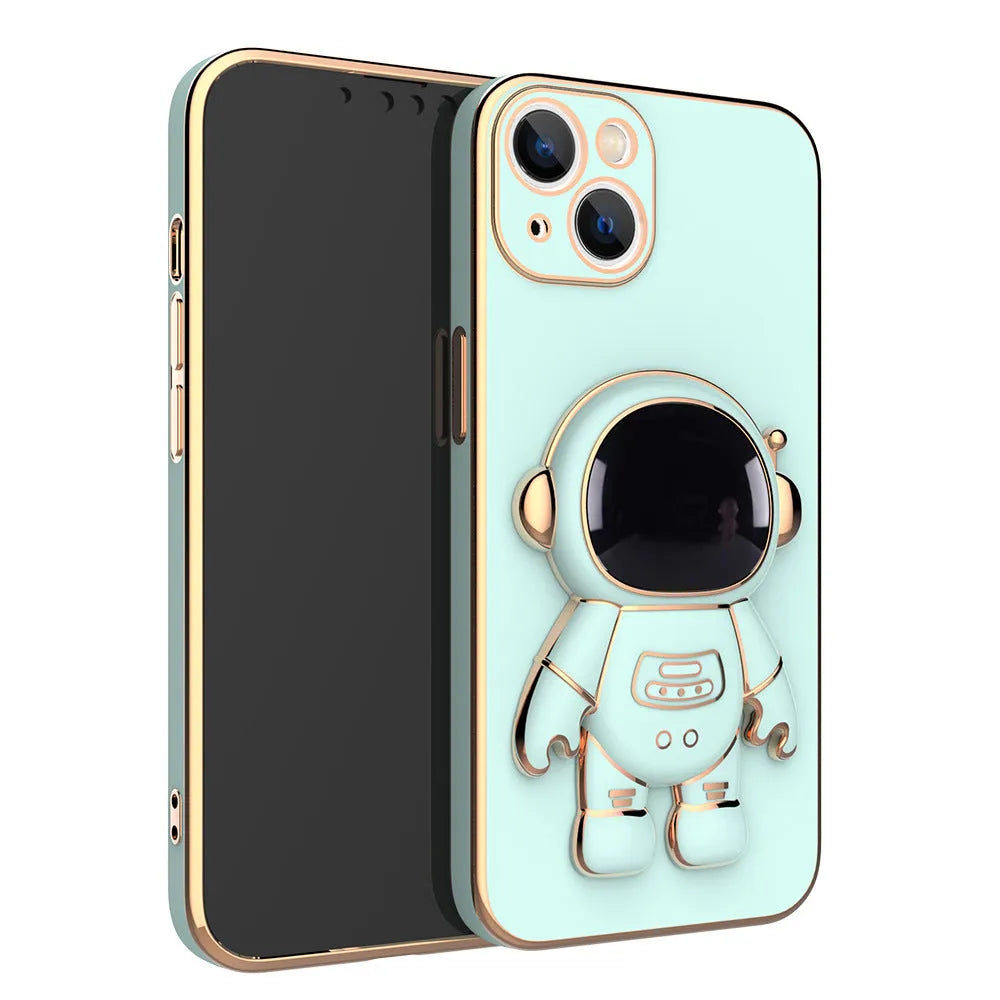 3D astronaut anti-drop TPU phone case with electroplating bracket for iPhone, light cyan colour