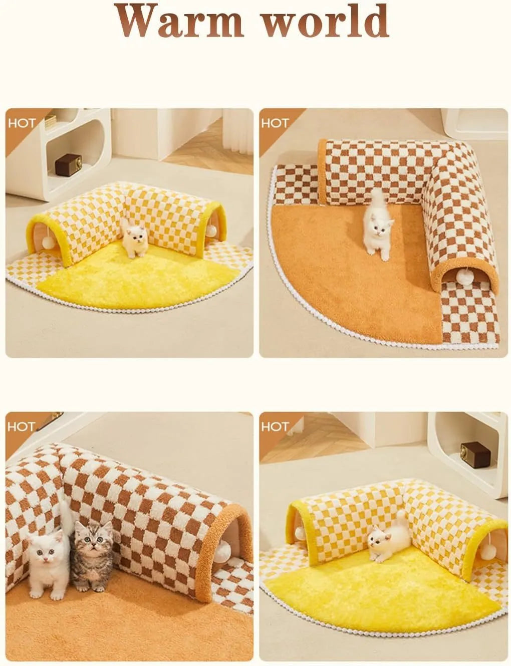 Brown plaid cat tunnel bed with central mat, showing non-slip bottom and fluffy plush material.