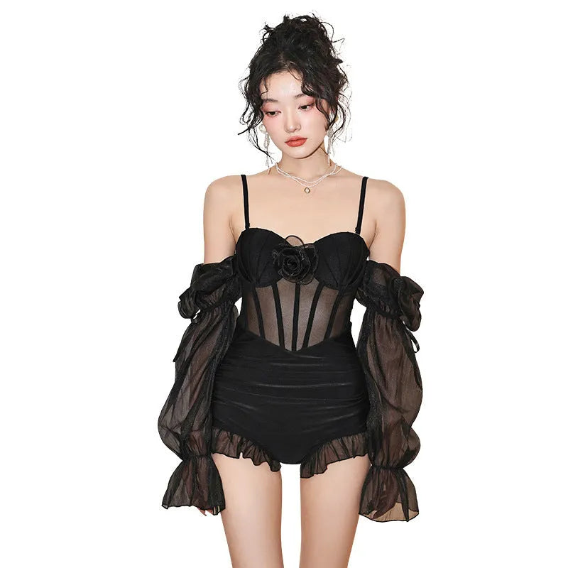Solid black one-piece swimsuit with lace puff sleeves, high-waist tight fit for women swimming