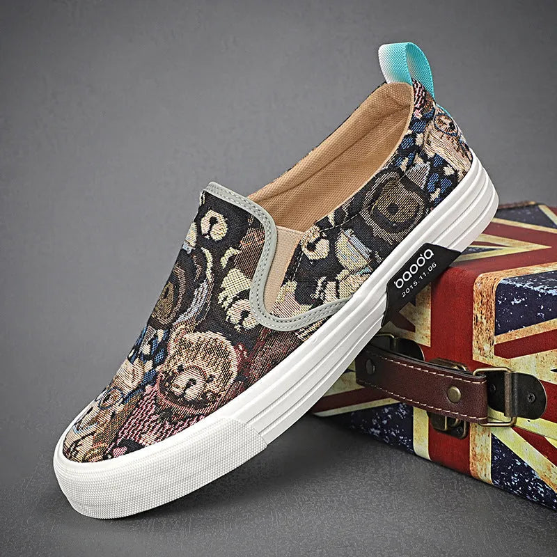 Canvas slip-on sneakers in khaki colour with vulcanised rubber sole and round toe design