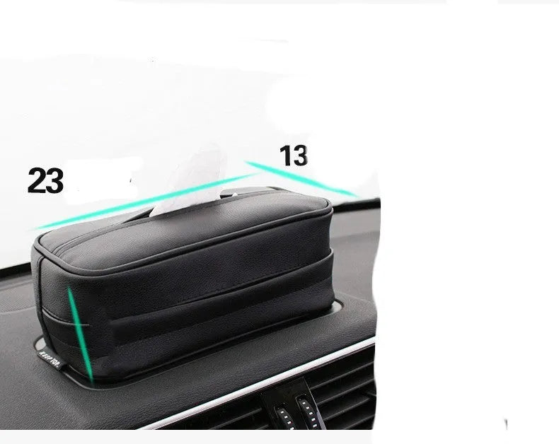 Black leather hanging storage organiser bag with strap for car or home use