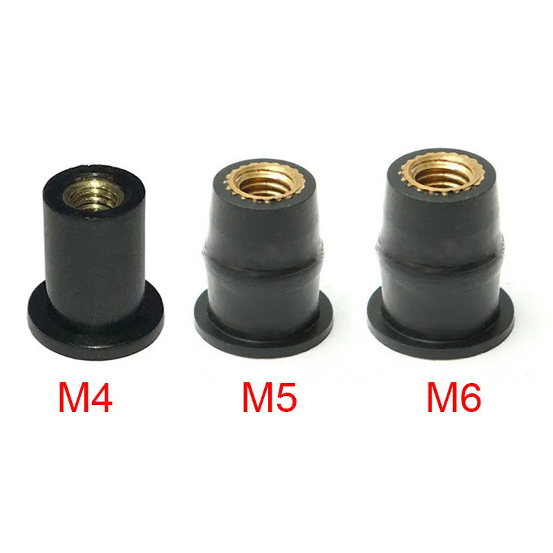 Ten black rubber brass well nut fasteners for motorcycle wind deflector and panel mounting.