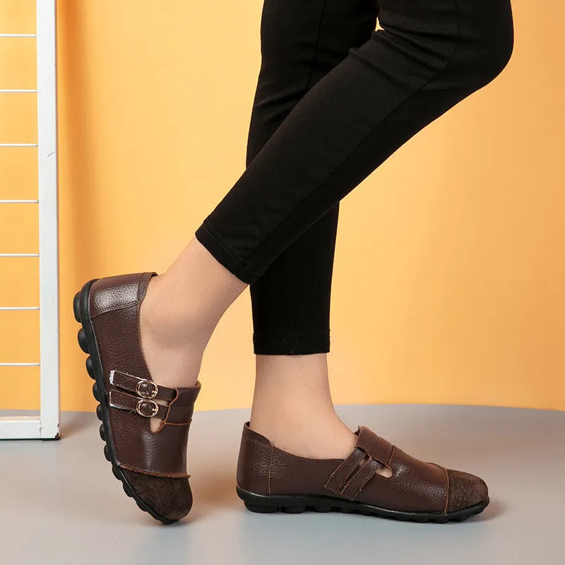 Button Plus Size casual low-top flat shoes with Velcro closure in cow split leather