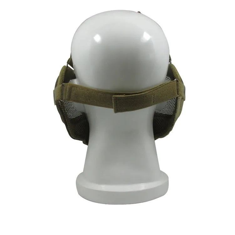 Carbon steel mesh face mask in black with head-mounted straps for outdoor anti-collision use