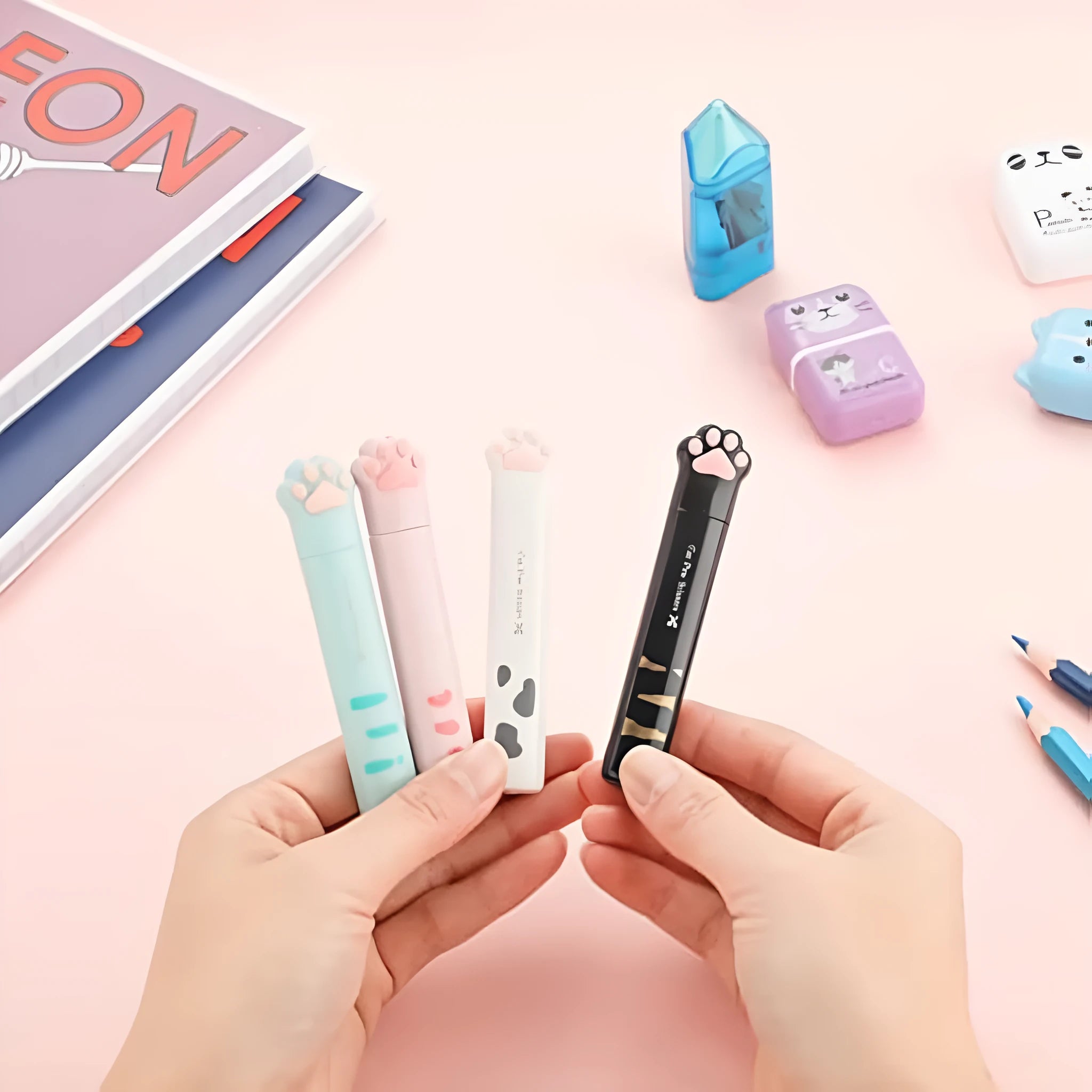 Cat paw design mini folding safety scissors in four colour options showing compact 8.7cm size