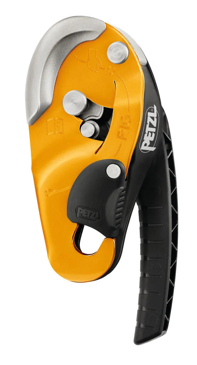 Petzl D021 RIG industrial rescue descender AUTO-LOCK black with rope installed and ergonomic handle visible