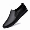 Men's black and brown cowhide leather shoes with round toes on a white background.