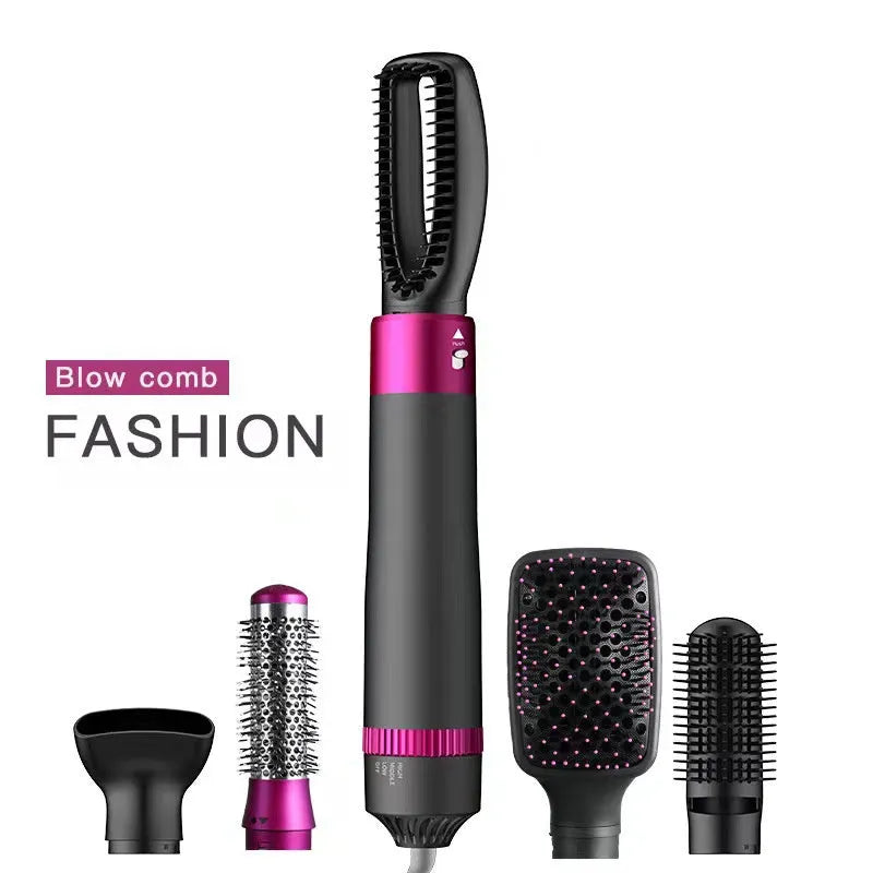 Dyson grey 5-in-1 hair dryer brush styling tool with multiple brush attachments on a white background.