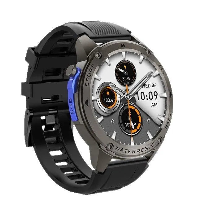Outdoor Compass 5ATM waterproof smart watch with AMOLED display, black and silver colours, health monitoring features