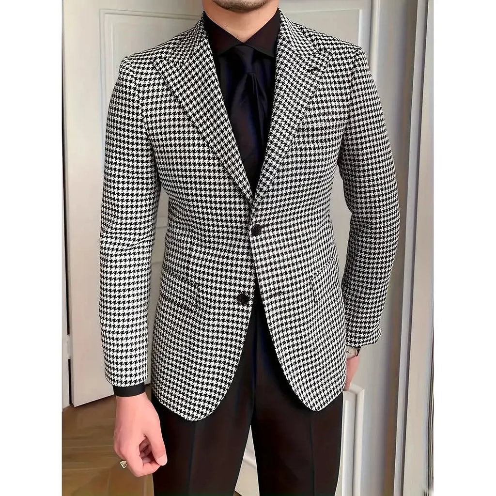 Black and white plaid loose fit casual jacket for youth work wear cotton blend