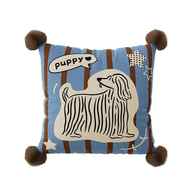 Cartoon anime animal print cushion pillow and pillowcase set in blue, brown, or white on a sofa.
