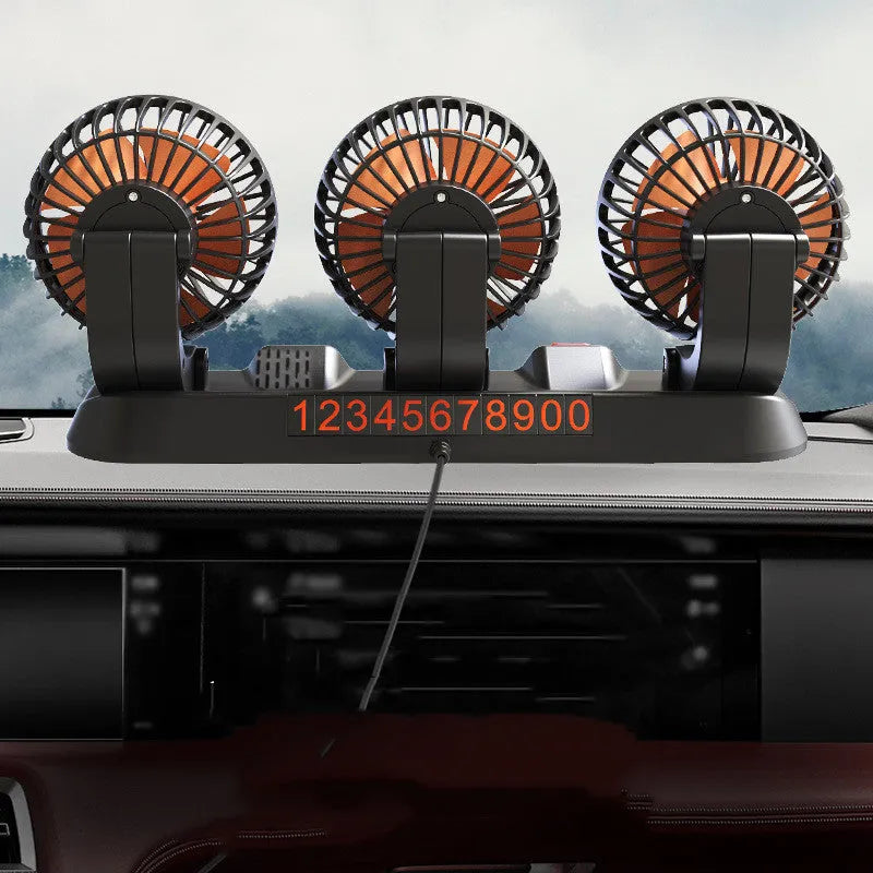 Three-head 12V car cooling fan with adjustable heads and a long cable for cigarette lighter or USB power.