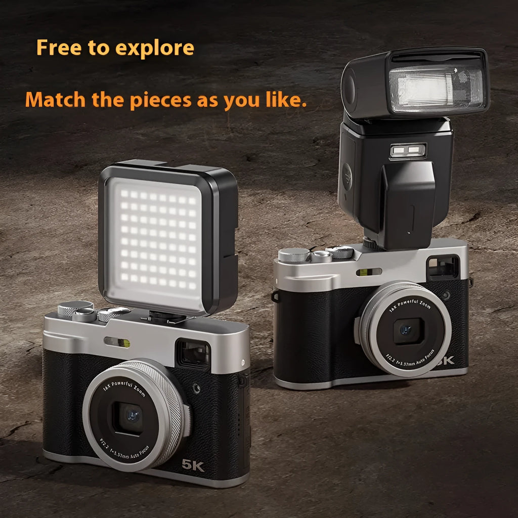 Black 5K digital camera with dual lenses and a 2.88-inch screen, shown with optical viewfinder.