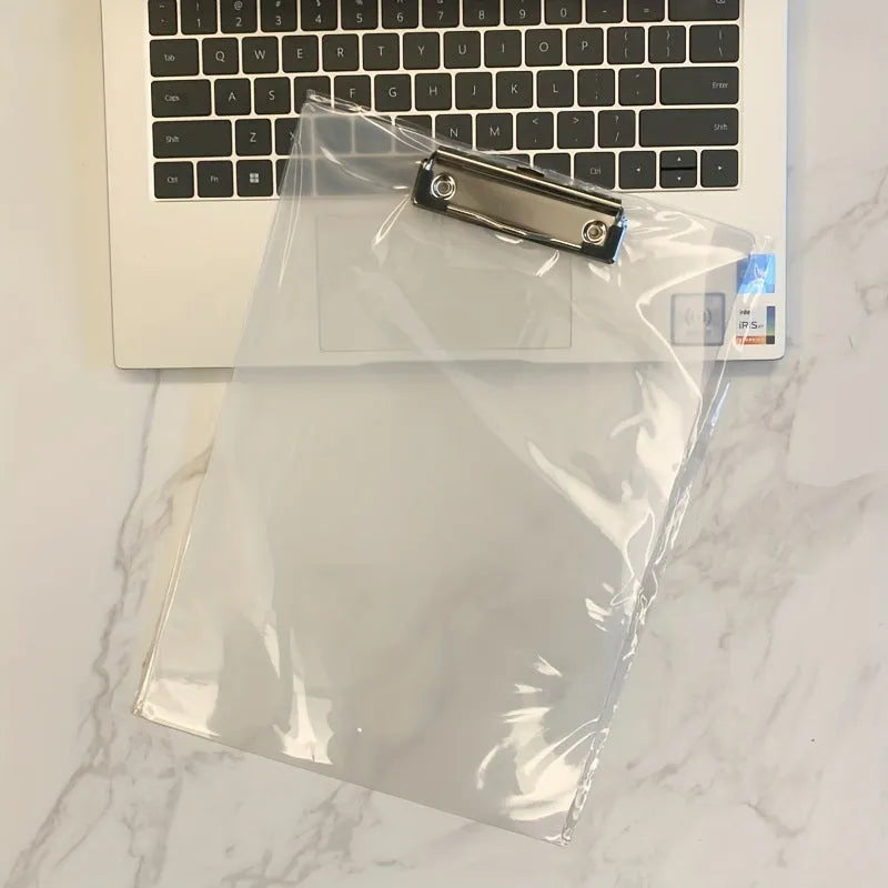 Clear plastic A4 plate holder with metal clip showing document inside, available in blue, green, red and white colours