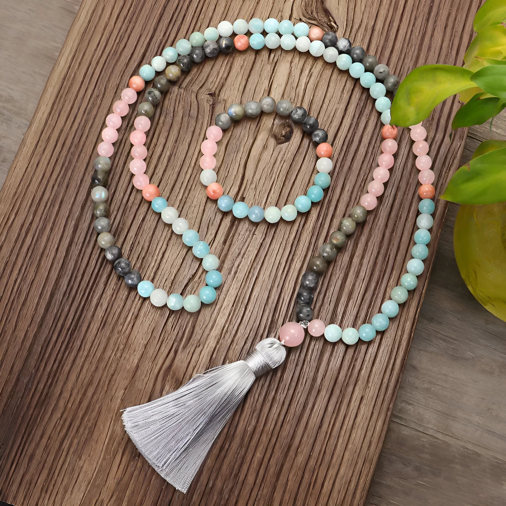 Bohemian 108 colour stone necklace with tassel pendant and matching bracelet on display
