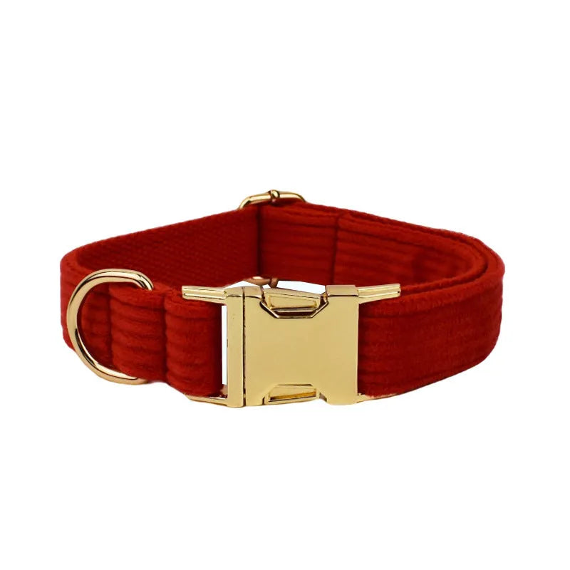 Corduroy dog collar and matching accessories including leash, vest, bow tie, and poop bag holder