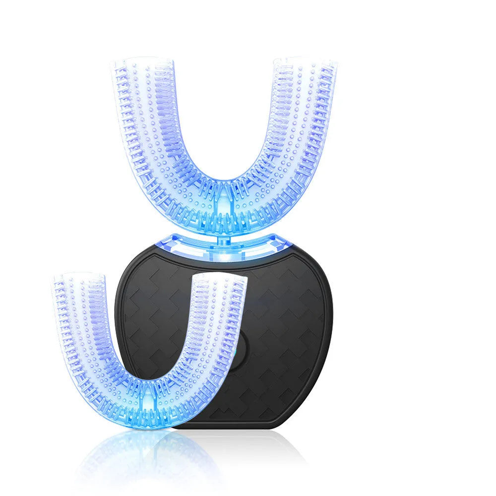 360 degree U-shaped electric toothbrush with blue light, food grade silicone bristles, and USB charging cable
