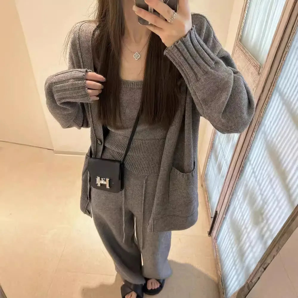 Women's knit cardigan vest pants three-piece set in Japanese Korean casual style