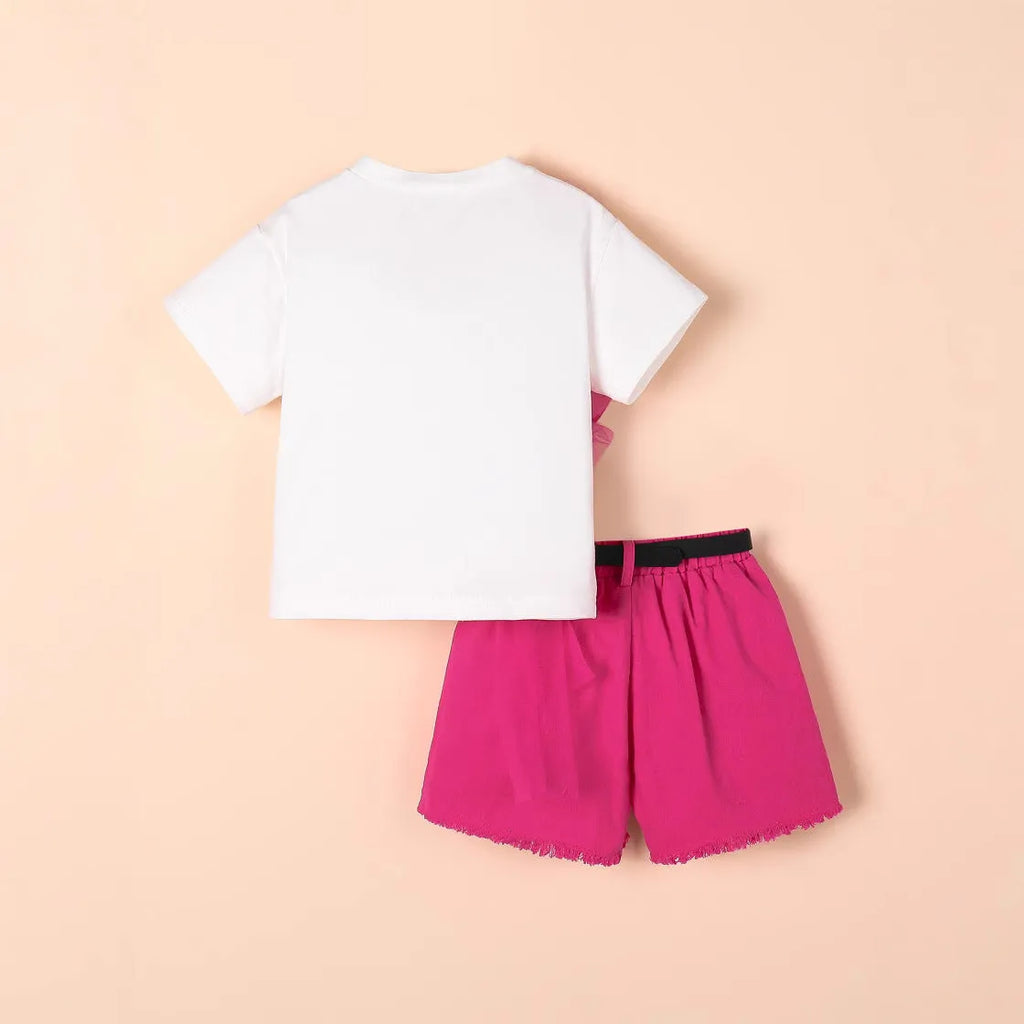 Girls rose red short-sleeved T-shirt, denim shorts and belt set for heights 4Y to 7Y