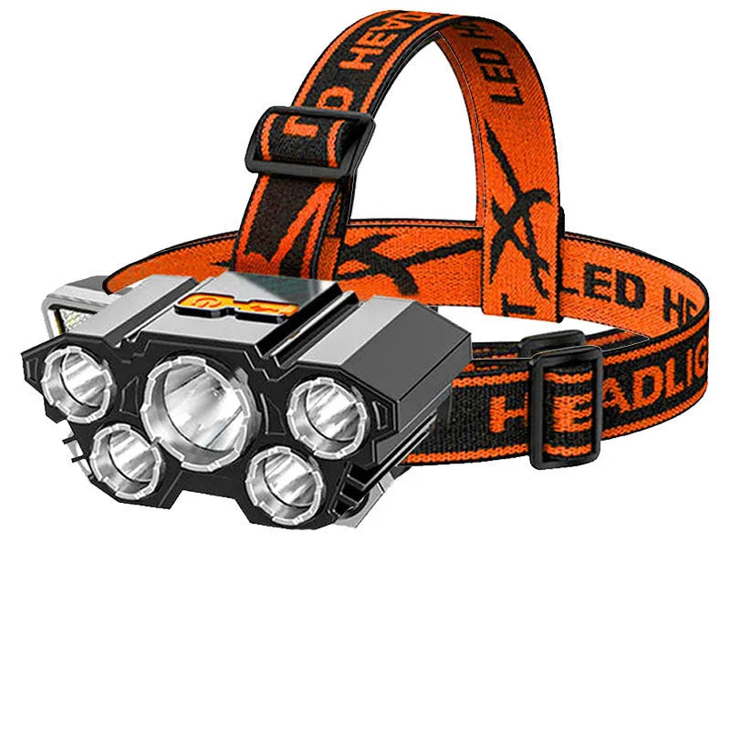 Head-mounted LED miner's lamp with adjustable strap, showing the 10W light unit and included data cable.