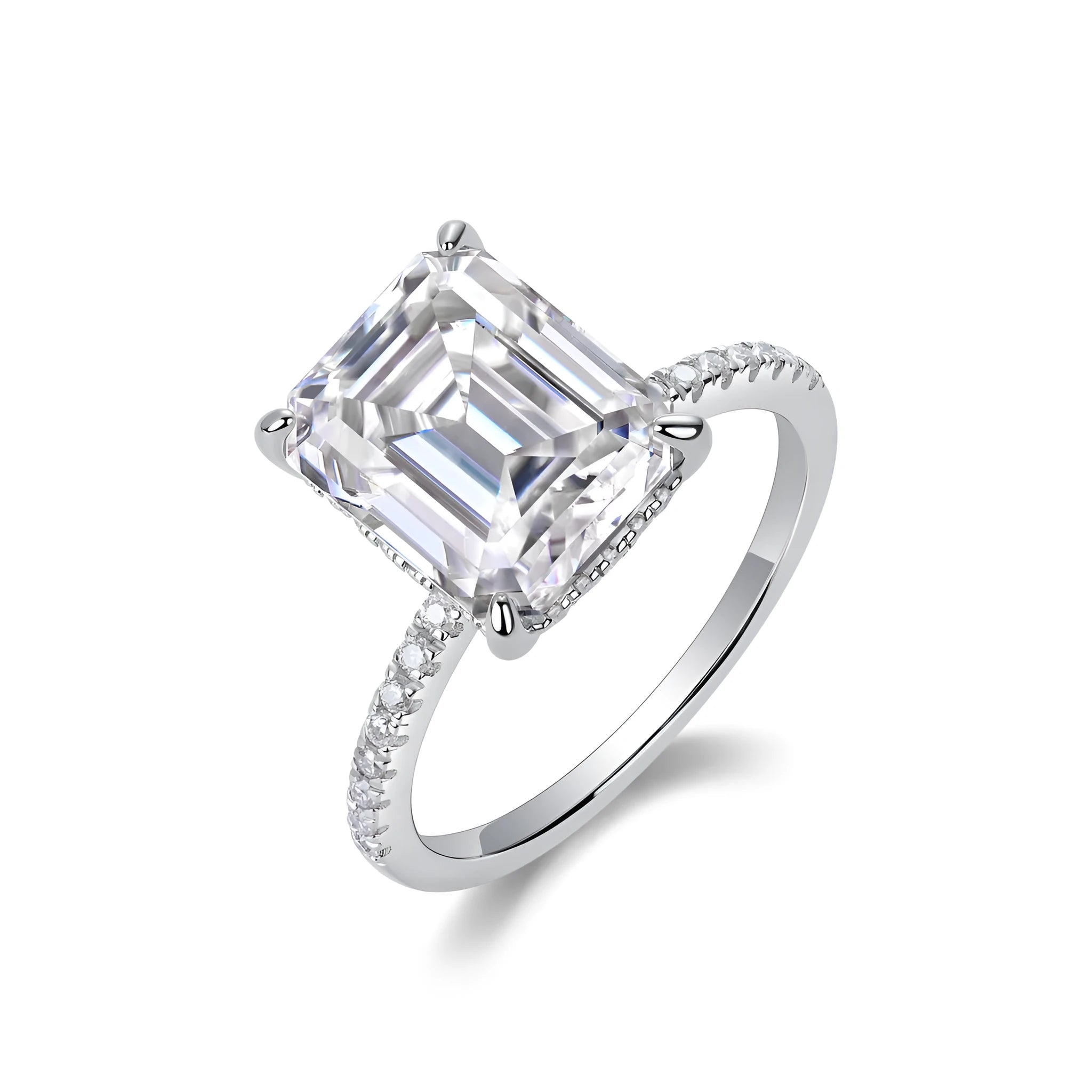 Octagonal moissanite wedding ring set on S925 silver band with platinum plating, size 7, gift box packaging