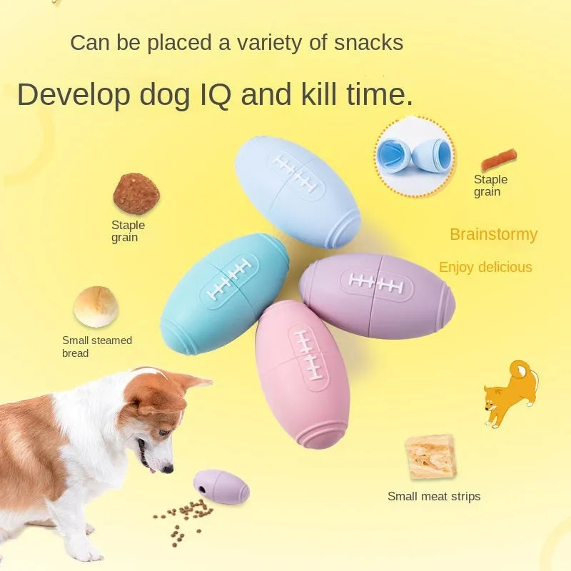 Blue silicone rugby ball dog toy with hollow centre for treat dispensing