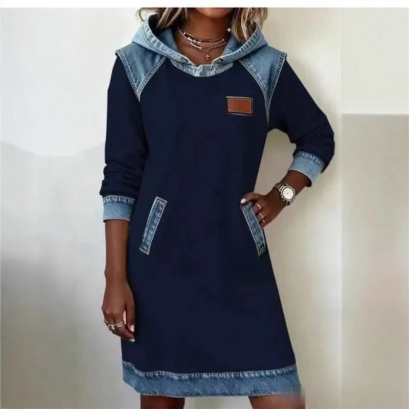 Color matching ladies hoodie skirt fake two piece dress with raglan sleeves in navy blue