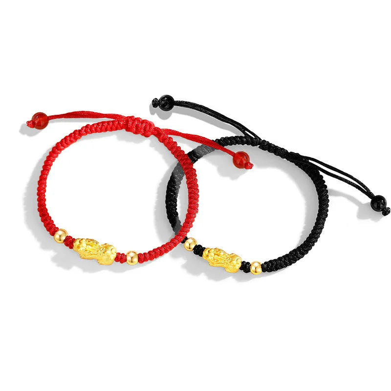 Hand-woven Swallowing Gold Beast couple's bracelet in black or red with three-dimensional decoration