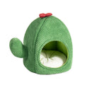 Cactus-shaped enclosed cat bed with plush interior and faux fur lining in green colours