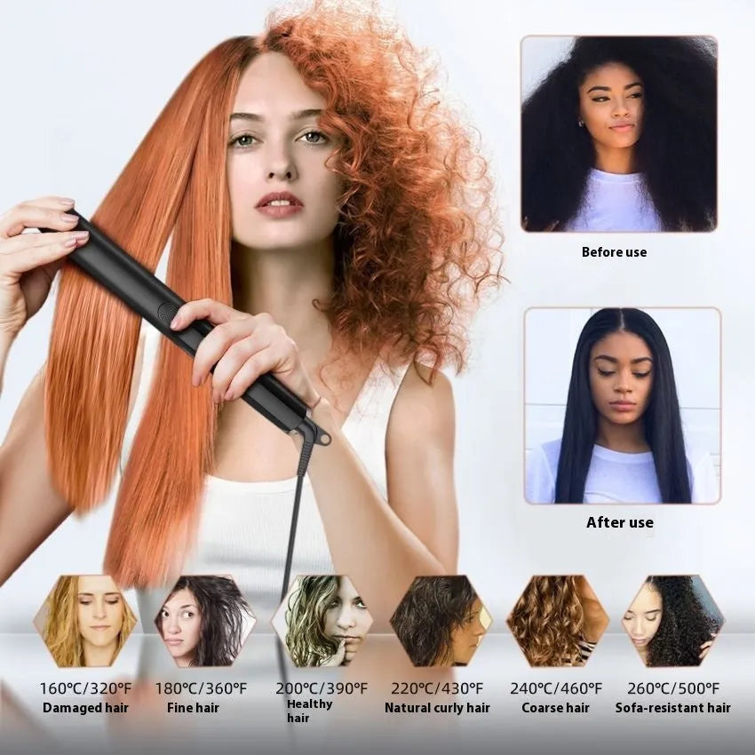 Hair straightener with digital temperature display showing 207℃ and negative ion technology