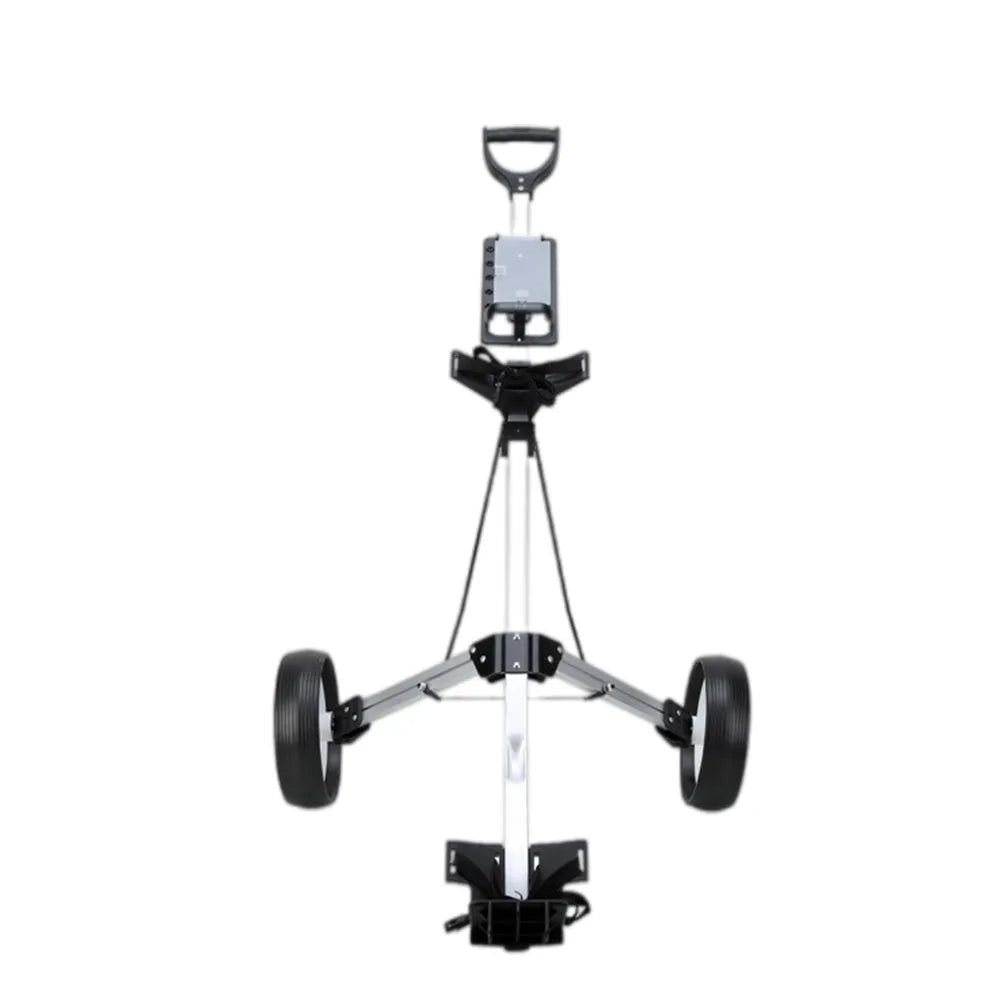 Foldable aluminium alloy golf cart with two wheels, shown with black and white wheels and a push-pull trolley frame.