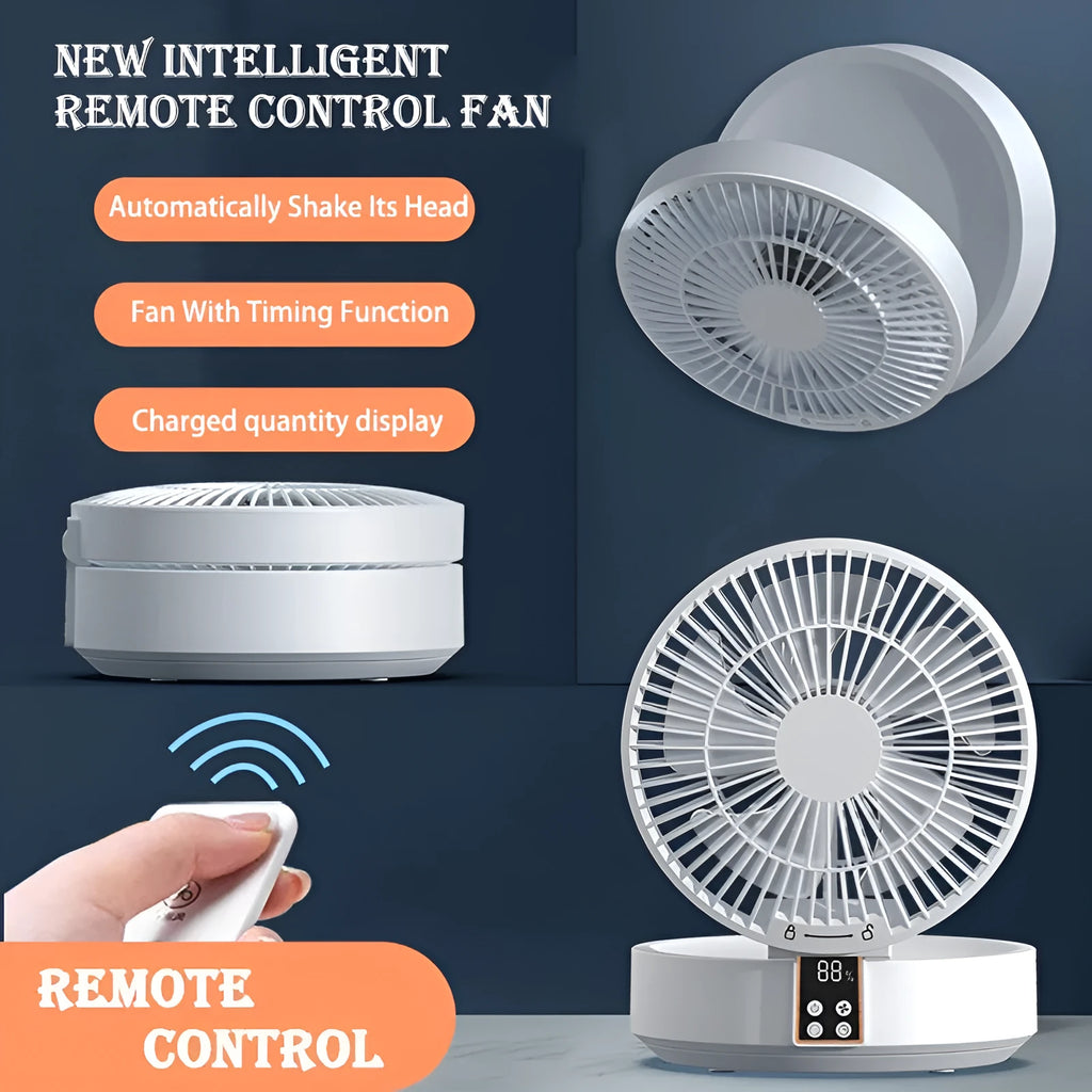 White portable folding electric fan with remote control and warm night light on a desk.